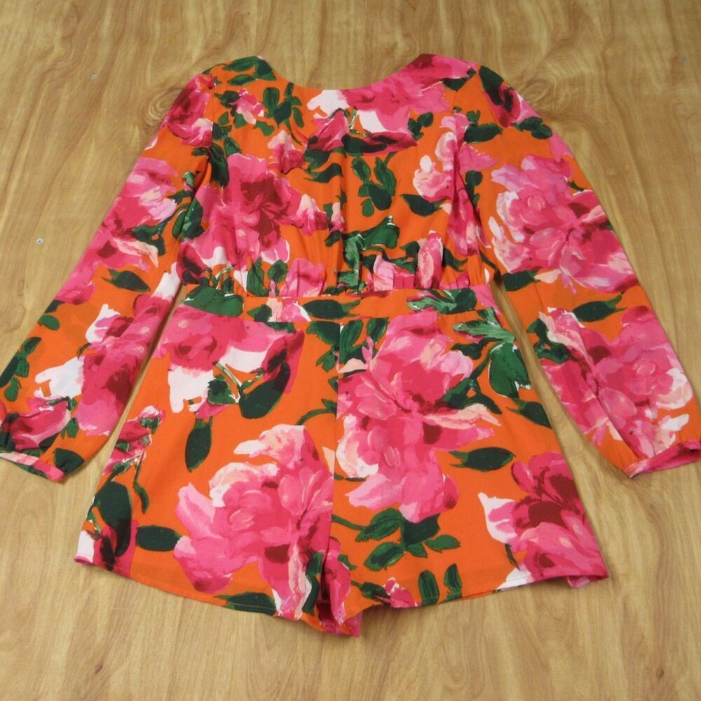 LULUS Sweetest Song Orange Floral Print Romper Sz Large Backless Long Sleeve NWT - Picture 6 of 13